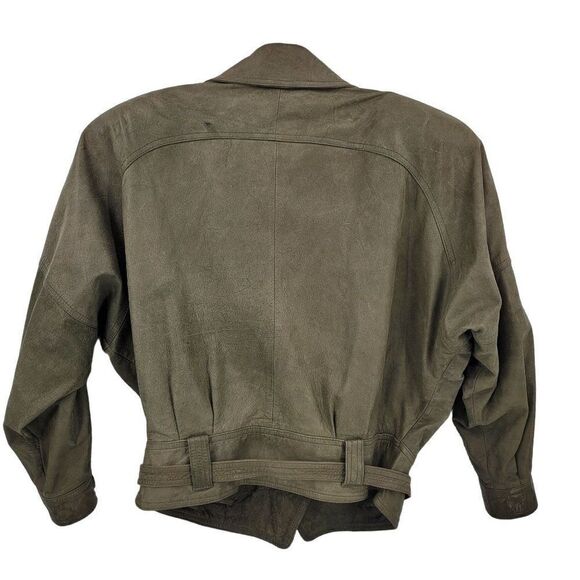 Rare Vintage 80s Winlit Army Green Leather Bomber Jacket M Raglan Belted - Picture 4 of 16